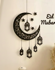 Premium 3D Wooden Eid Wall Art Set – Majestic Crescent & Hanging Lanterns
